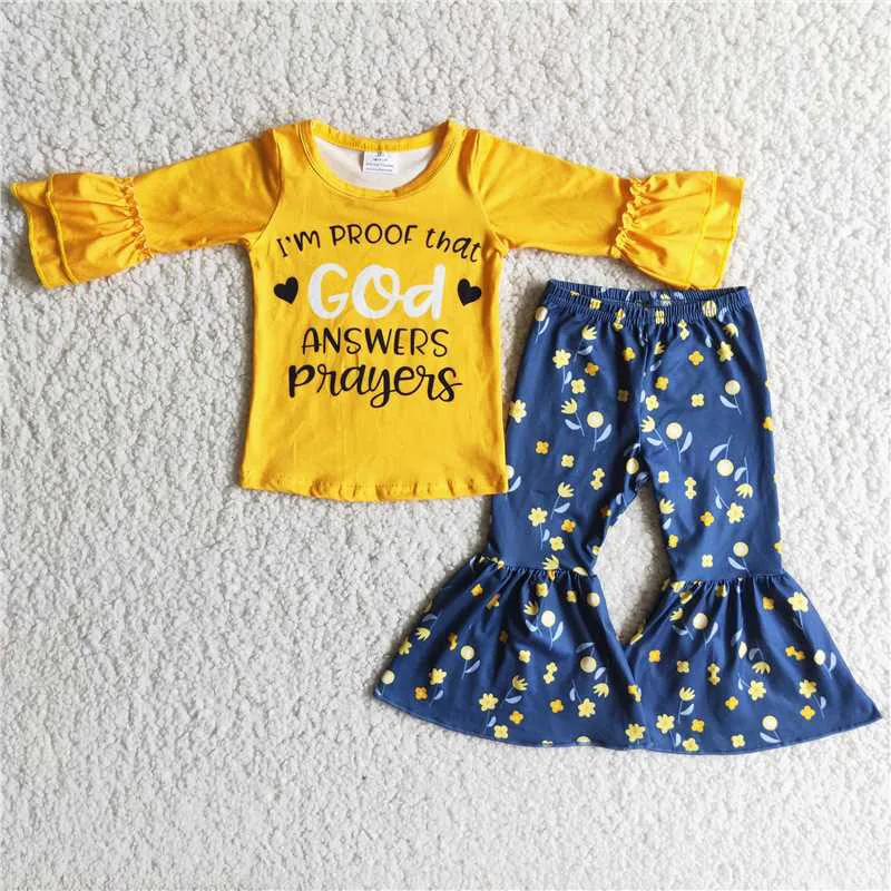 

Toddler Spring Fashion Yellow Small Floral Flared Pants Suit Boutique Wholesale Baby Girls Children Clothing Outfits