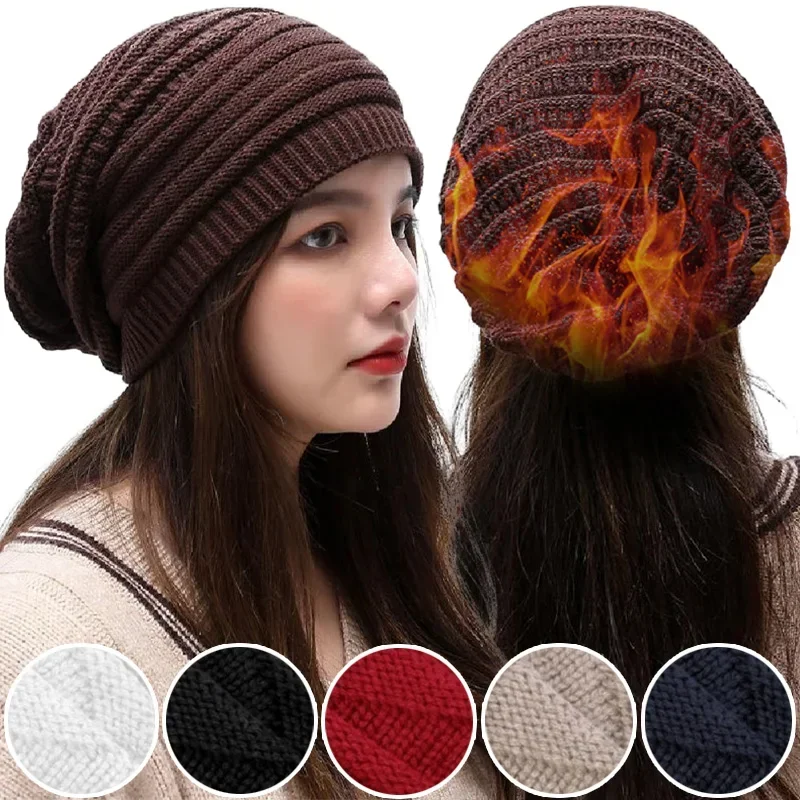 Women Baggy Slouchy Caps Winter Knitted Beanies Hat Classical Skullies Ladies Fordable Woolen Cap Ear Warmer Bonnet Berets