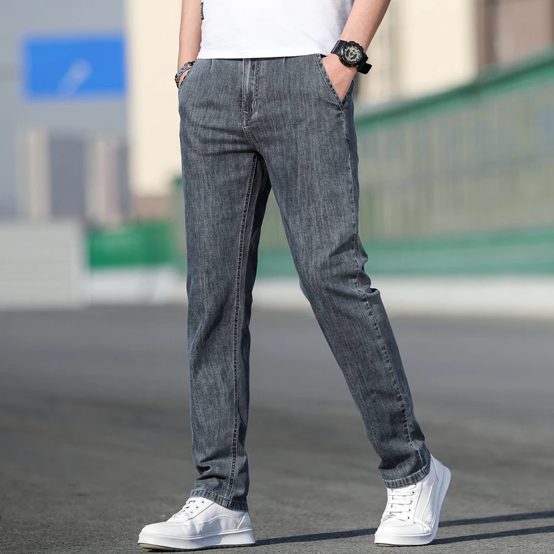 

new summer jeans for men Fashionable stretch straight jeans light blue for men Youth gray thin breathable gray denim trousers