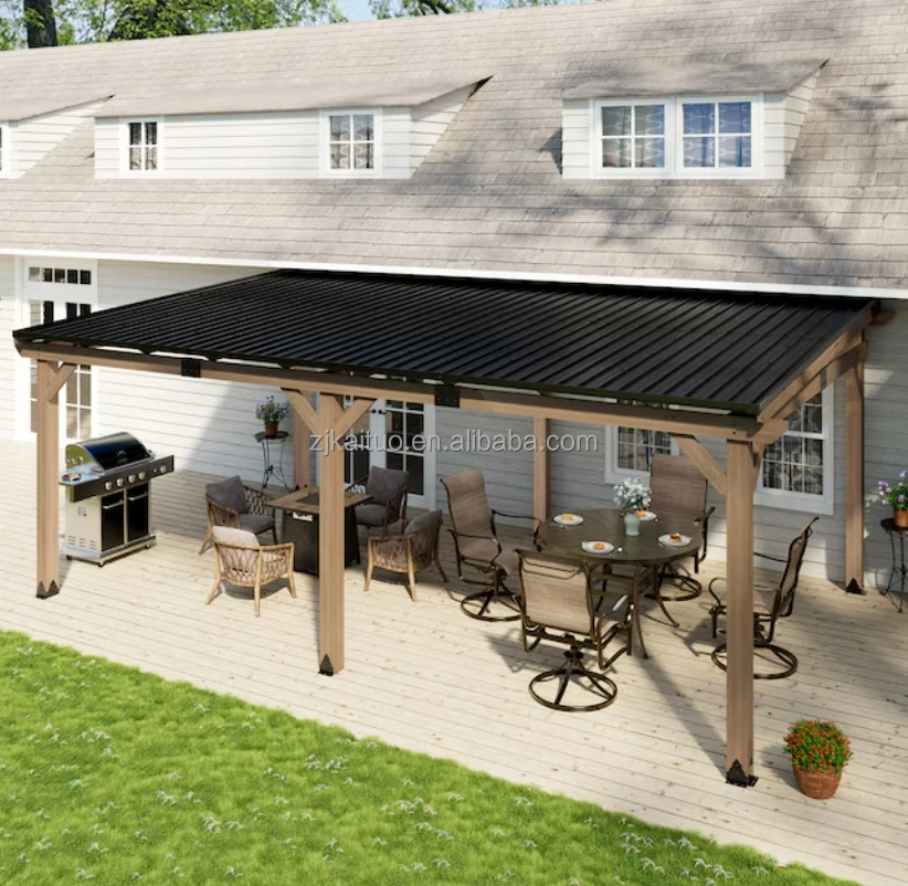 New Arrival 20 Ft. X 12 Ft.Powder Coated Black Galvanized Steel Sloped Roof All Cedar Wood Carport Gazebo Pavilion for Parking