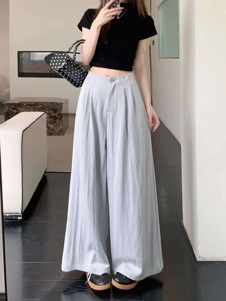

Summer White Casual High Waist Pants Woman's Ice Silk Pants Woman's Drape Floor Mop Pants Straight Loose Wide Leg Long Pants