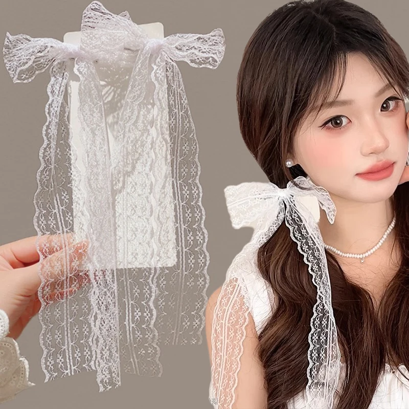 1/2pcs Korean White Lace Bow Hairpin for Women Girls Ribbon Hair Clips White Long Ribbon Bow Top Clip Female Hair Accessories