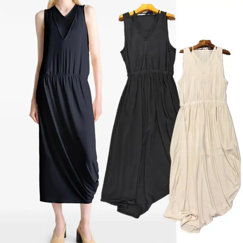 Dave&di 95% Viscose Two-piece V-neck Sleeveless Drape Dress Minimalist Women's Casual Dresses Female Clothing Irregular Dress