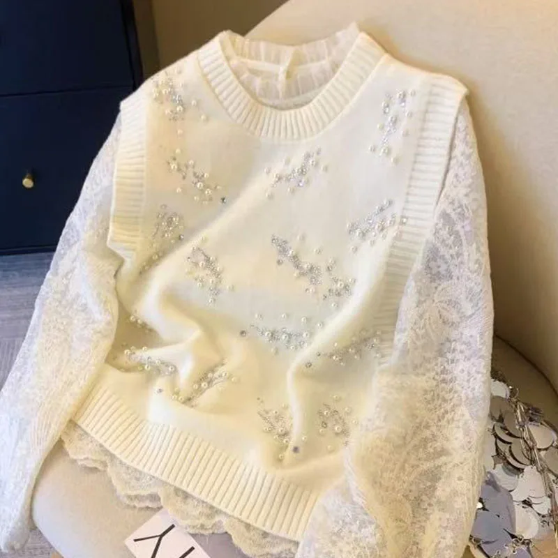 Primavera e outono novo design sentido indústria pesada frisado colete de malha colete feminino jaqueta