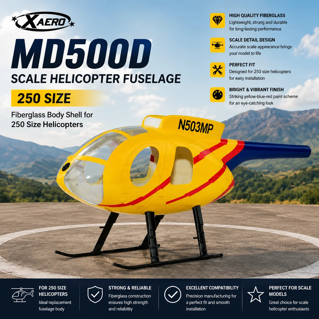 ROBAN 250 Size MD500D yellow-blue painting Scale Helicopter Fuselage Fiberglass Body Shell for 250 Size Helicopters