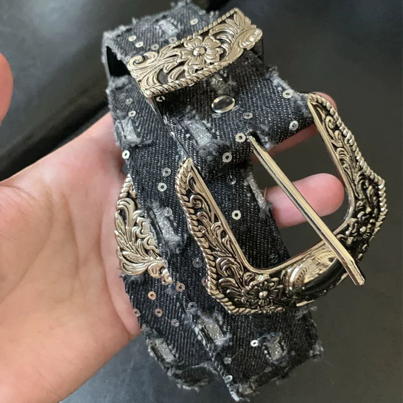 

Джинсовые ремни с цветочным принтом в стиле ретро для женщин, модные резные универсальные высококачественные американские популярные девушки y2K, 2026, модные