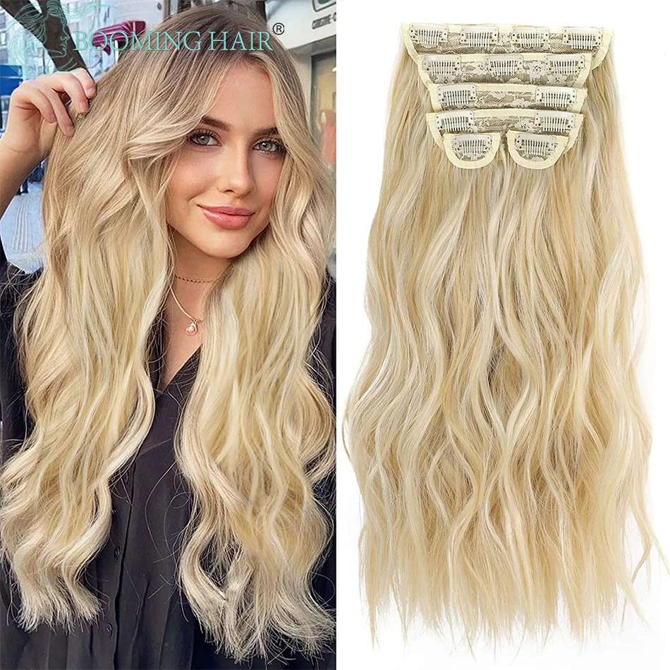 Long Wavy Clip In Hair Extensions Synthetic Clip In Hair Extensions 6Pcs/Set Piece Synthetic Ombre Blonde Brown Thick Hairpieces