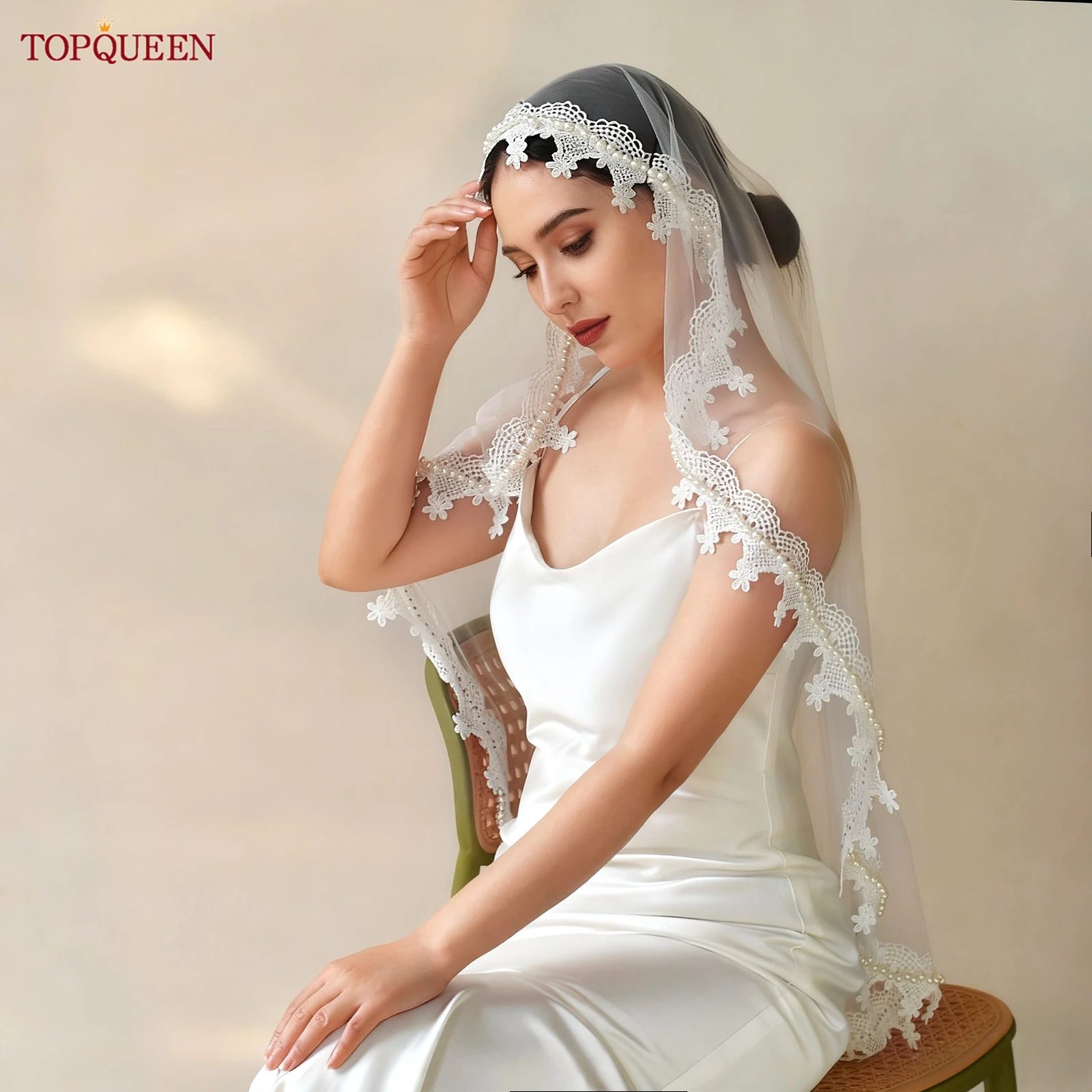 

TOPQUEEN M98 Свадебная фата Мягкая кружевная аппликация Фата из бисера, которая может покрыть лицо Rochii Свадебные аксессуары Настраиваемые