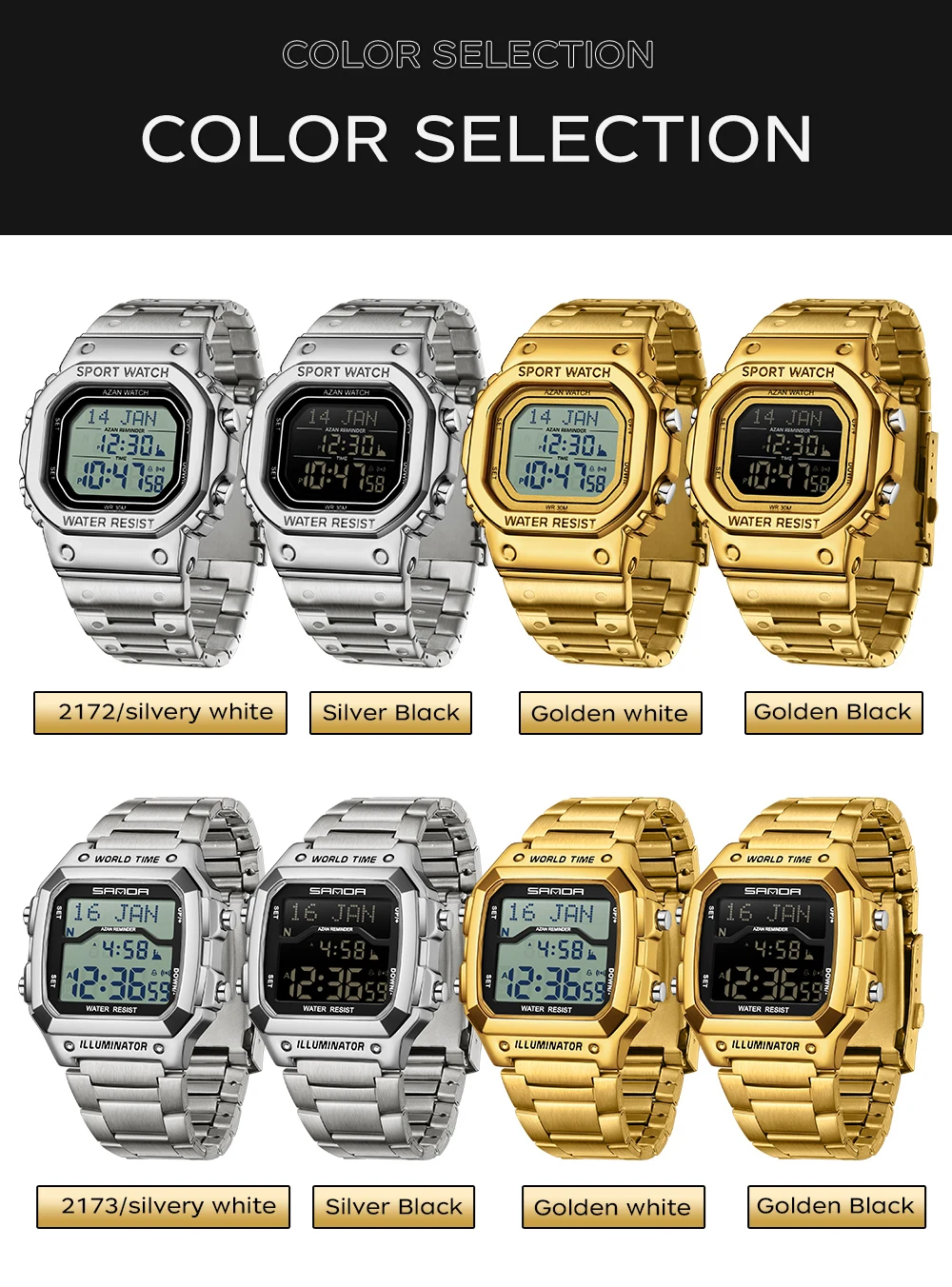 SANDA 2173 мужские электронные цифровые часы водонепроницаемые светодиодные многофункциональные таймеры обратного отсчета мужские электронные часы будильник