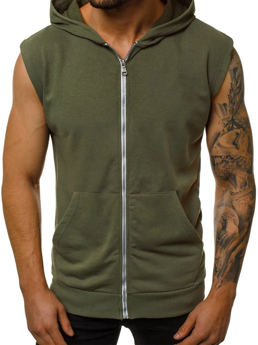 Wearing men\'s summer slim fashion fitness sports sleeveless vest, hooded cardigan jacket, trendy men