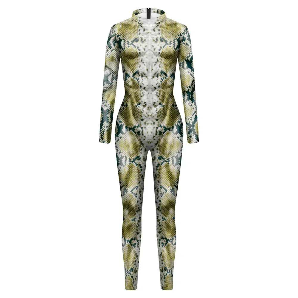 Women Men Python Snake 3D Print Jumpsuit Elastic Tight Bodysuit Halloween Cosplay Costumes Party Role Play Dress Up Outfit