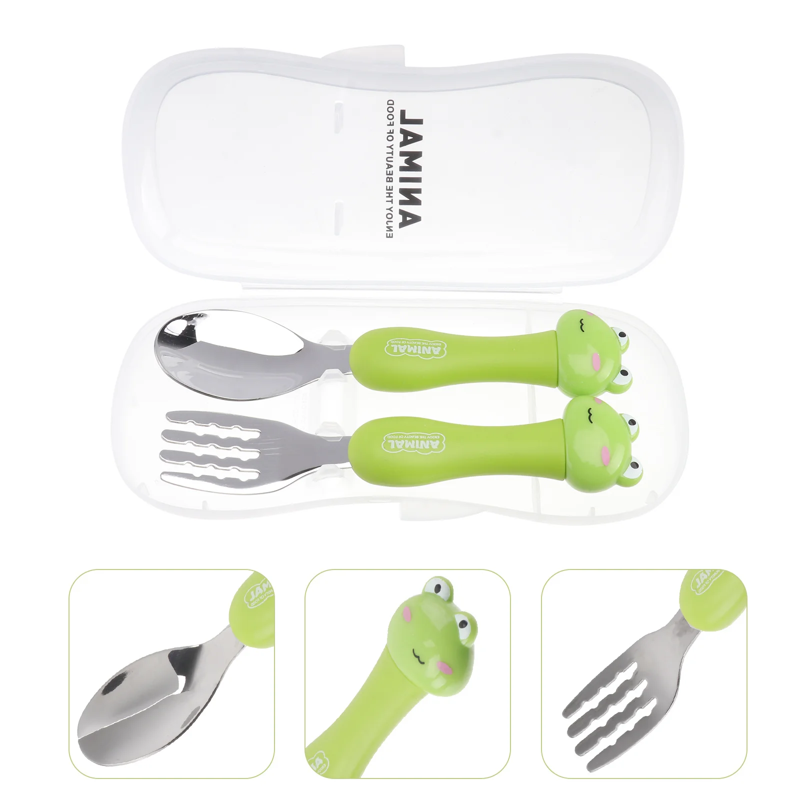 

1 set 1 Set Kids Stainless Steel Fork Spoon Set Storage Box Cartoon Animal Design Baby Tableware For Eating Soup Portable Infant