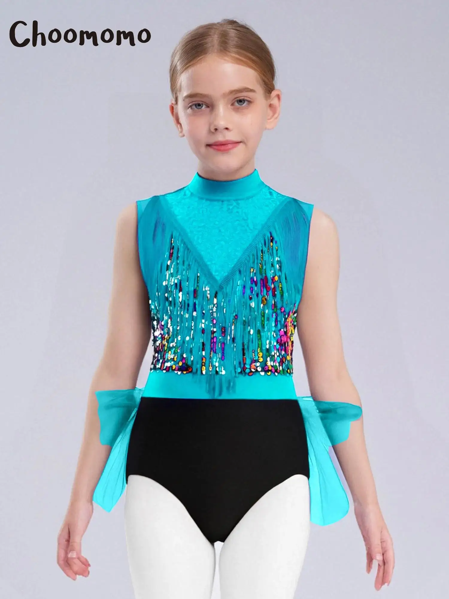 

Girls Ballet Dance Leotard Latin Dance Dress Sleeveless Cutout Sequins Tassels Figure Skating Gymnastics Tutu Skirt Bodysuit
