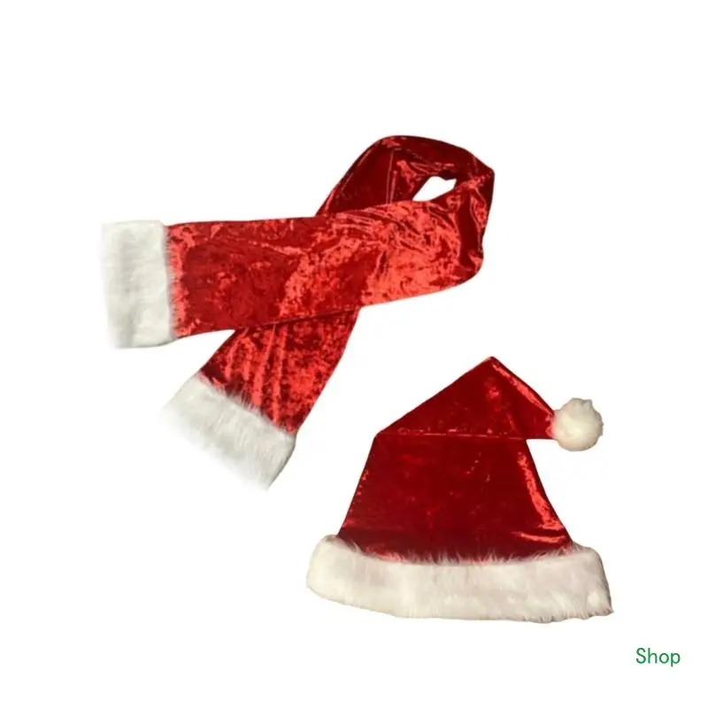 Dropship Soft Velvets Santa Hat and Scarf Set Unisex Christmas Hat Festives Holiday Scarf for Skiing, Hiking, Camping