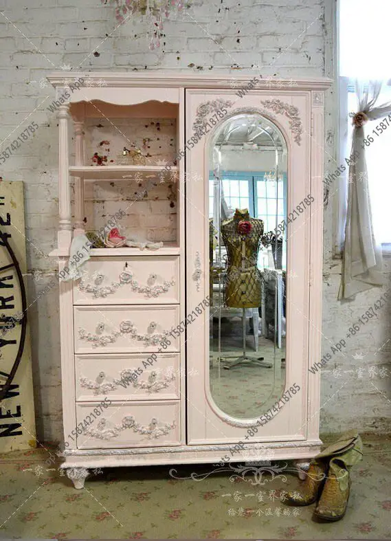 

American country solid wood wardrobe French retro old solid wood carving flower locker storage cabinet children's cabinet can be