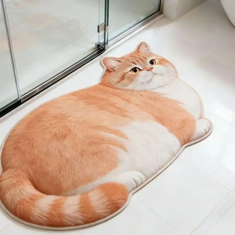 VIKAMA Orange Cat Lying Shaped Bath Mat, Soft Cozy Non Slip Machine Washable Rug Home Decor