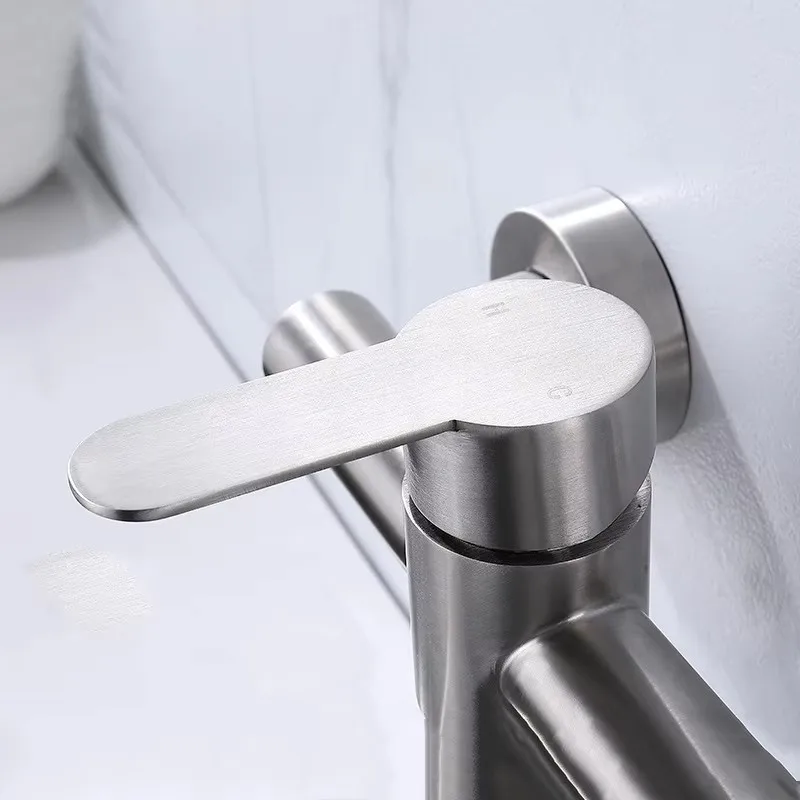 304 Stainless Steel Brushed Into The Wall Extended Spout Sink Faucet Vegetable Washing Basin Hot And Cold Faucet