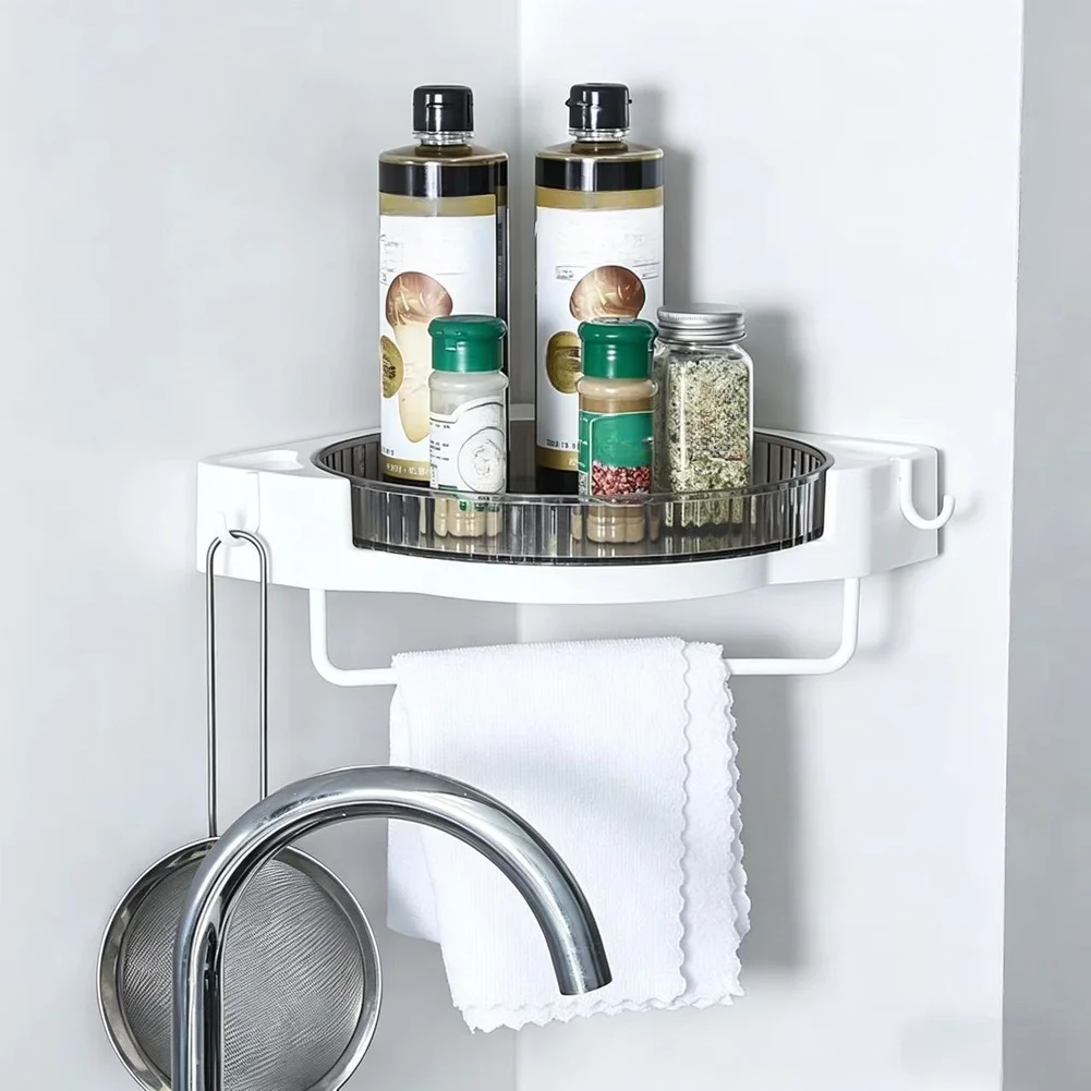 

Plastic Corner Shower Shelf with 360 Rotation and Side Hooks for Hanging Items Wall Mounted 26x26x8cm Transparent