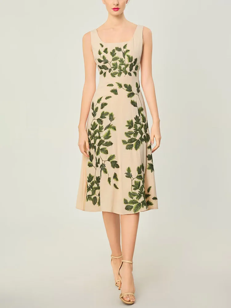 

JUNLINNA Women Party Holiday Dress Tank Fashion Leaves Emberoidery Vestidos Summer Lady High Street