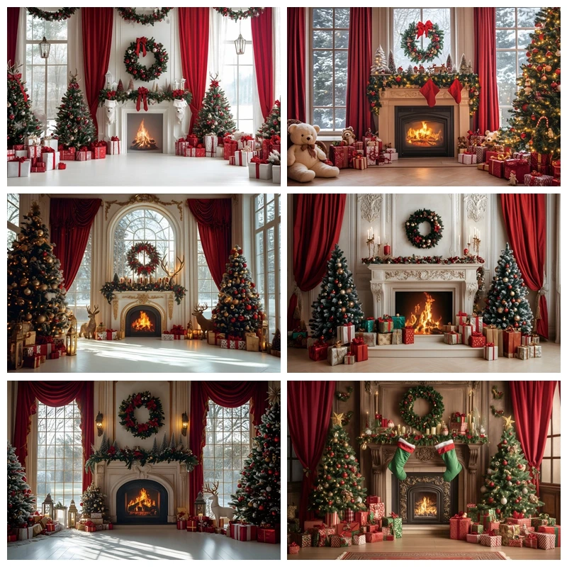 

Christmas Fireplace Photography Backdrops Interior Xmas Tree Gifts Christmas Party Decoration Photo Background Photoshoot Props