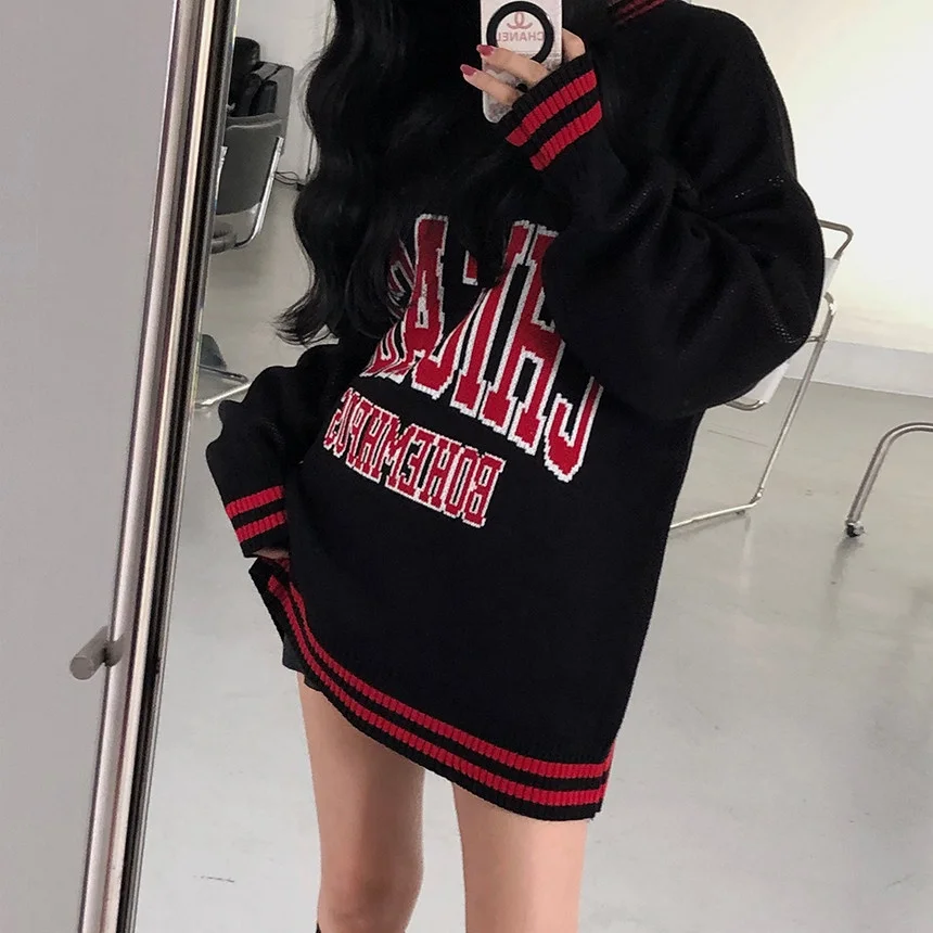 American Sle Loose Knitted Dr مع حروف Blo ملونة مستديرة Ne Retro Lazy Faion للنساء لربيع الخريف والشتاء