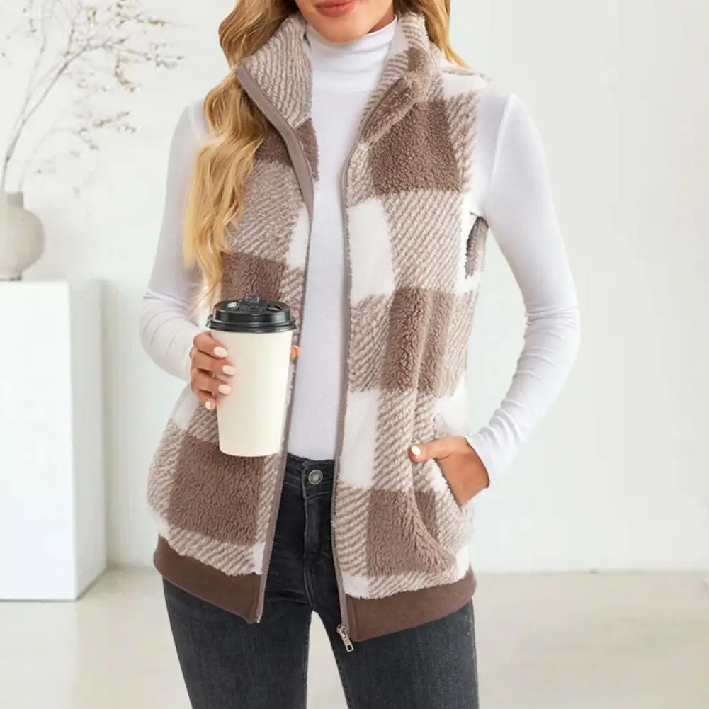 Autumn Winter Plaid Fleece Hoodie Vest Women's Cardigan Fashion Stand Collar Simple Casual Pocket Sleeveless Female Office Coat