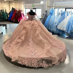 Light Pink Lace Applique Off The Shoulder Cape Quinceanera Dress Ball Gown Sweet Sixteen Dress Wedding Gowns vestido de gala