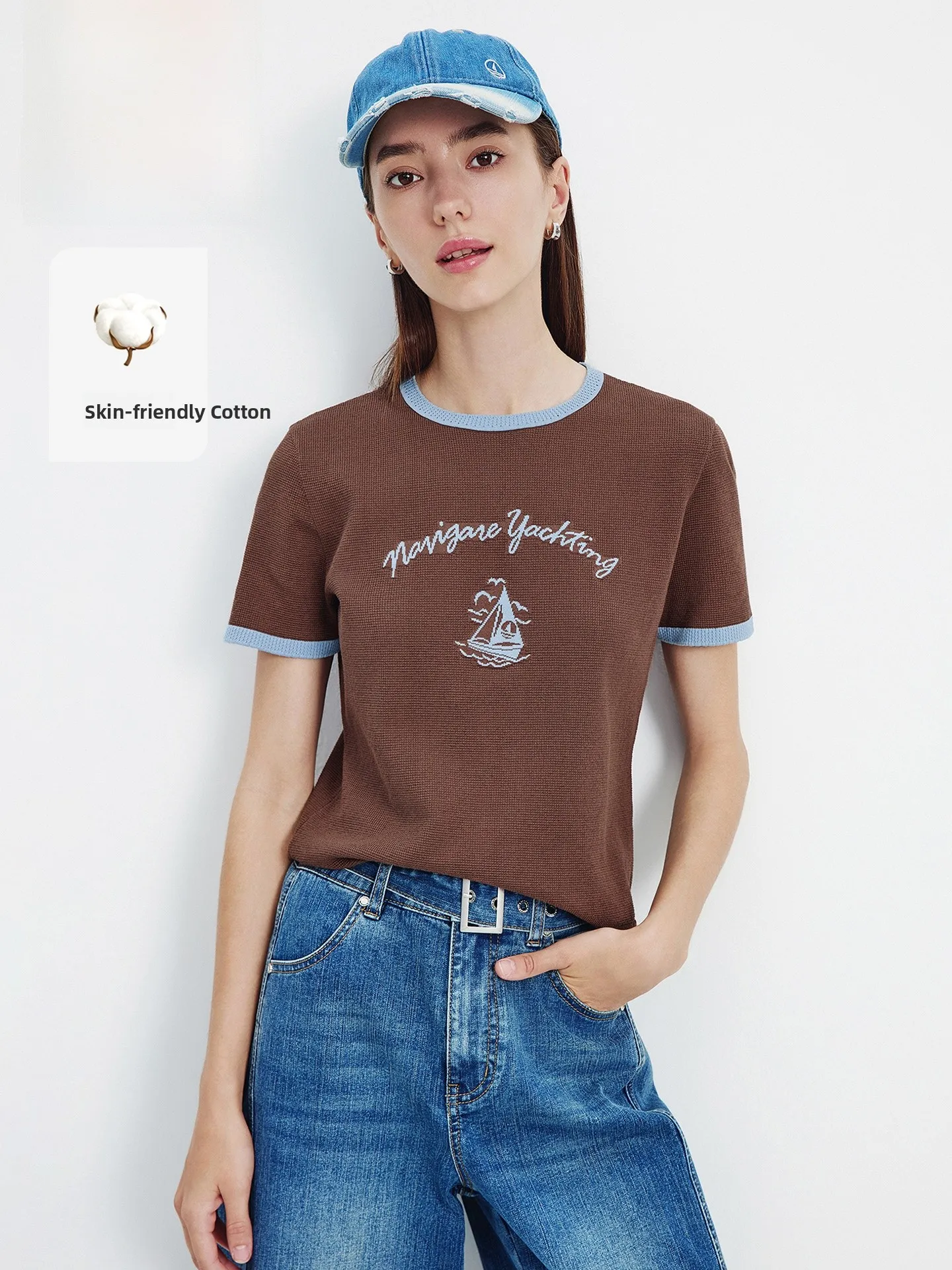 

Женская летняя футболка Navigare Casual с круглым вырезом и коротким рукавом, новая модель, из хлопка и полиэстера, комфортный топ