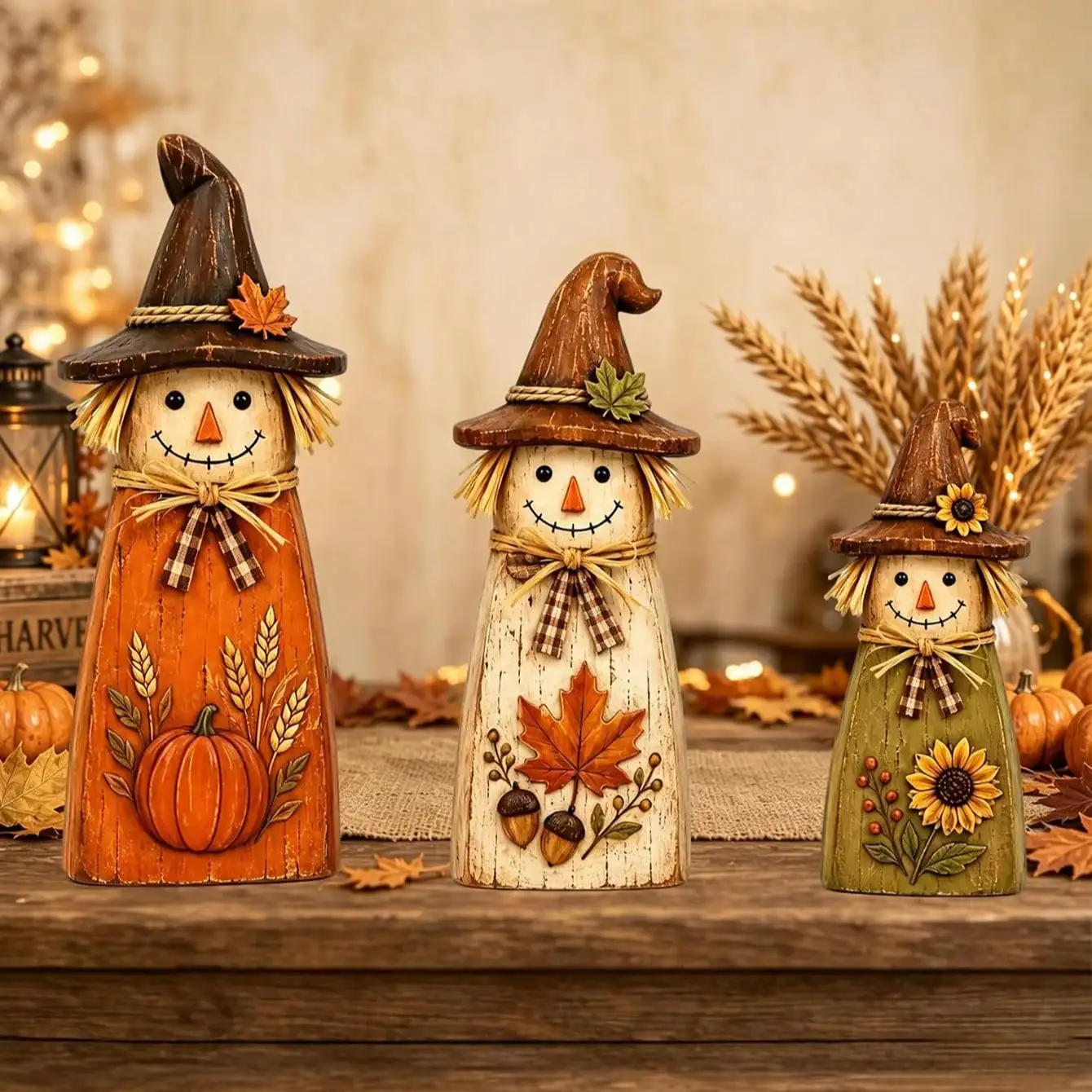 3-teiliges Set aus 2D flachen Vintage-Holz-Schreckenfiguren für die Herbstdekoration | Kann auf Kaminsimsen, Regalen, Eingangstischen, Kaffeebars und Küchenarbeitsplatten platziert werden. – Detail 3