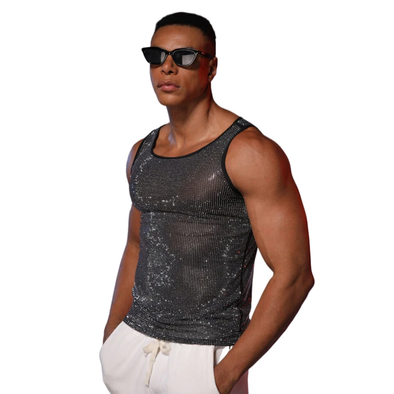 Herren Glitzerndes Strass-Mesh-Tanktop, Durchsichtiges Glitzer-Party-Shirt, Nachtclub-Bühnen-Musikfestival-Rave-Performance-Clubwear – Detail 4