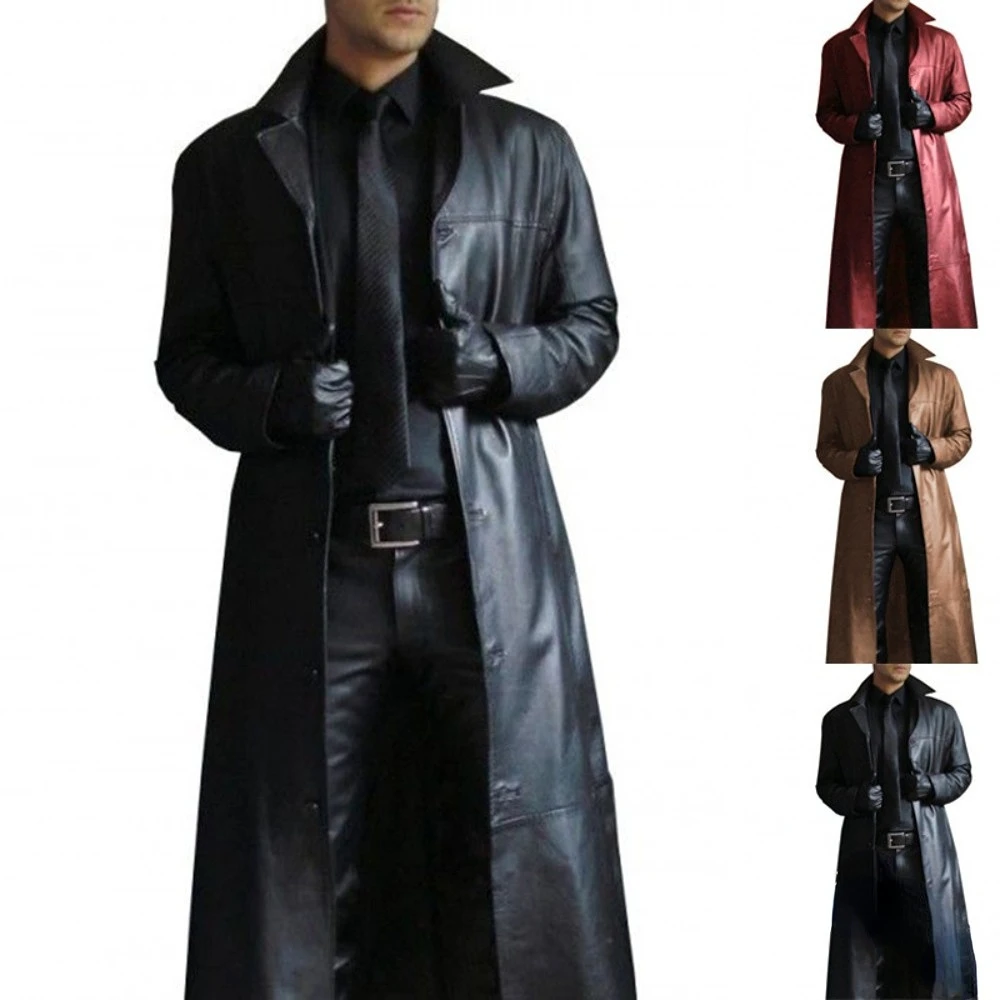 

New Trench Men Jackets Men's Solid Color Trench Coat Slim Fit Leather Long Leather Jacket