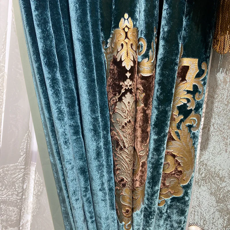 Customized Blue Gilded Embroidered Velvet Fabric for Palaces Curtains for Living Rooms Bedrooms Villas High Window Screens