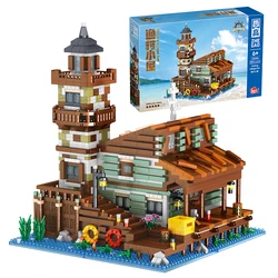 Creative Micro Fisherman Cabin Wharf Wooden House Model Building Blocks Street View Fishing Village Bricks Assemble Toy Kid Gift