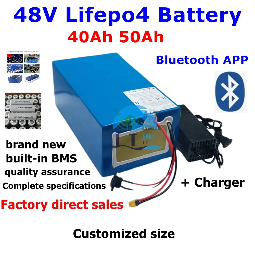 

waterproof 48V 50Ah Lifepo4 48v 40AH battery BMS for 2000w Scooter bike tricycle boat backup power +10A charger