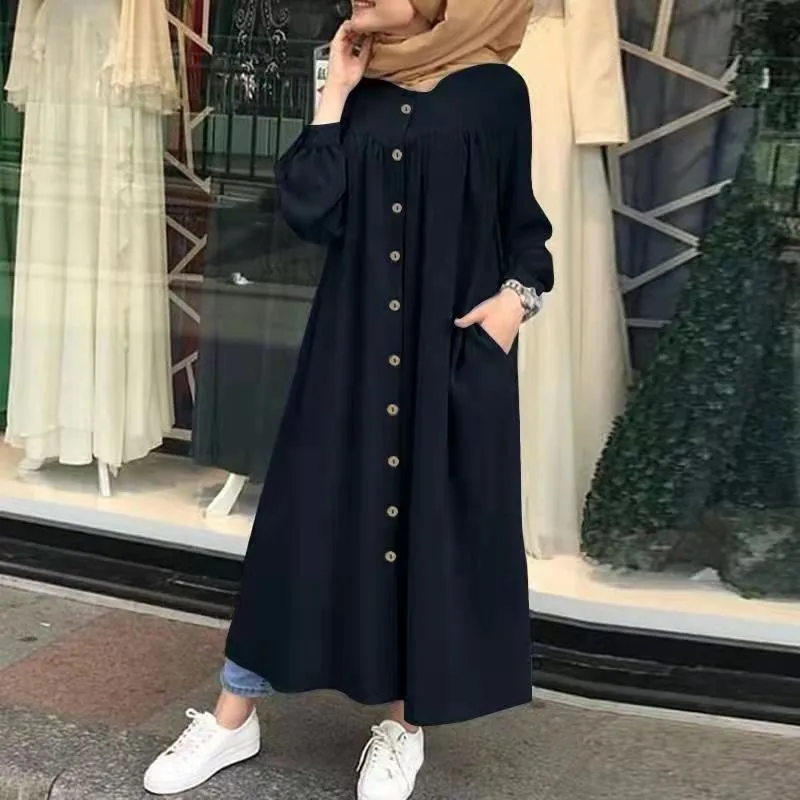 2024 Autumn Women's Muslim New Dress Retro Art Solid Color Long Sleeve Pocket Button Shirt Dress Casual Loose Big Swing Robe