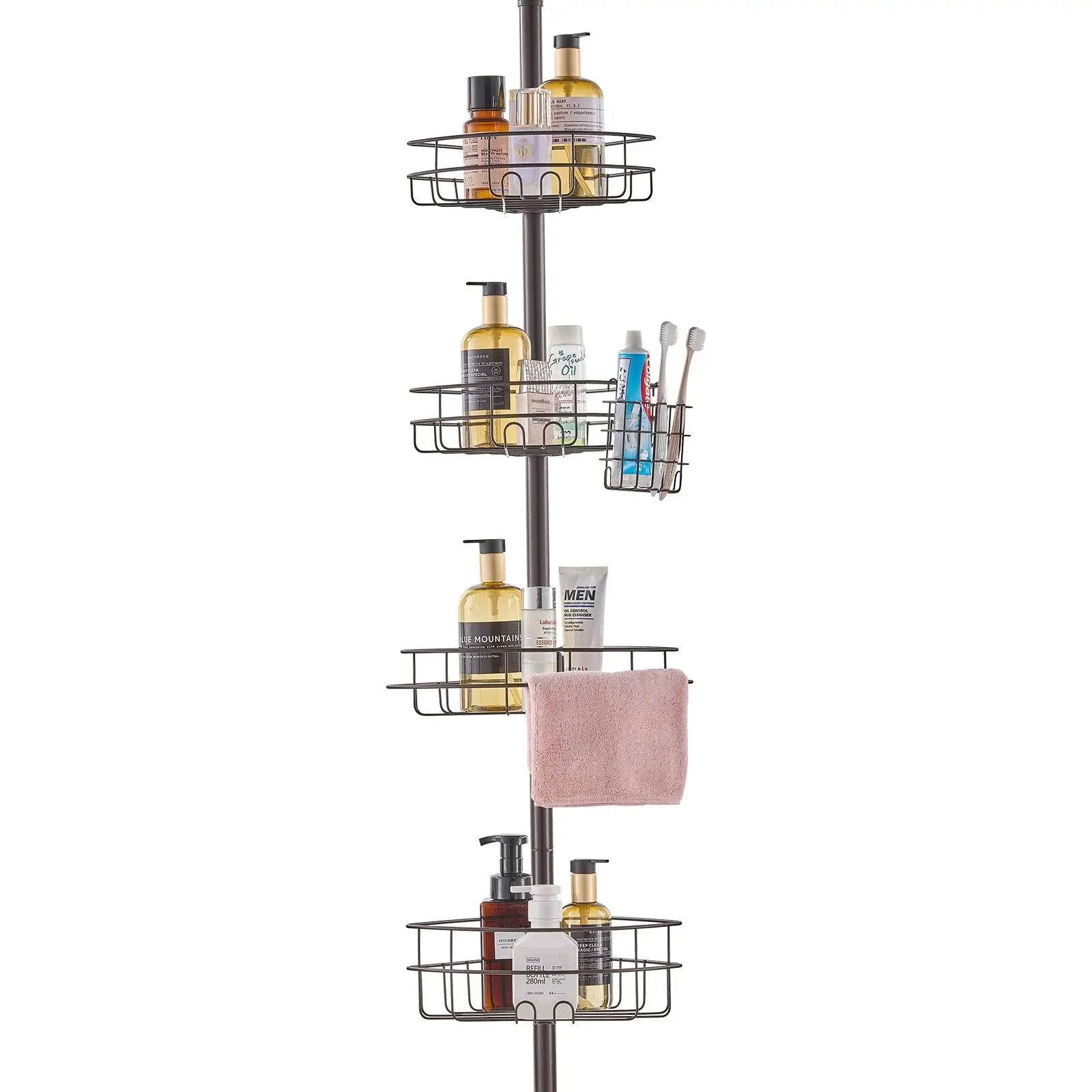 Stainless Steel Shower Corner Caddy Adjustable Tension Pole Bathroom Organizer Rack Rust-Proof Bath Storage Holder 56-114 Inch Height Easy Install Shower Shelf with Toothbrush Organizer Space Saving Accessories