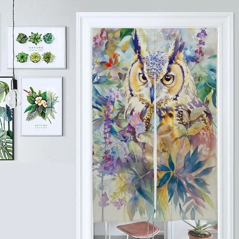 VIKAMA Owl Forest Animal Noren Door Curtain, Japanese Half Curtain, Privacy Room Divider For Kitchen, Aesthetic Home Decor