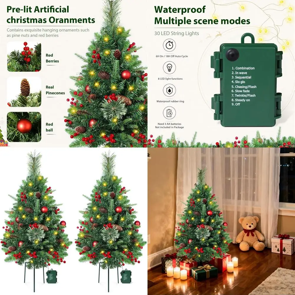 

30 2-Section Outdoor Christmas Tree with LED Lights, Battery-Operated 6H Timer, 8 Lighting Modes, Decorated with Pine Cones, Red