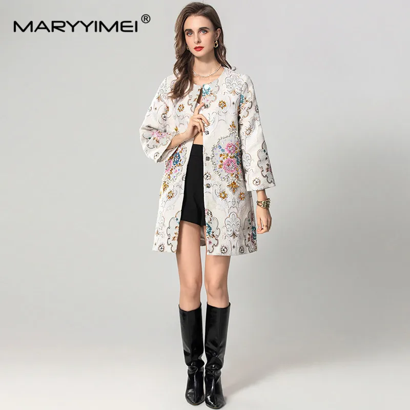 MARYYIMEI Autumn and winter New Style Vintage Designer Coat Jacquard Long-Sleeved Single-Breasted Beading Sequins Short Overcoat