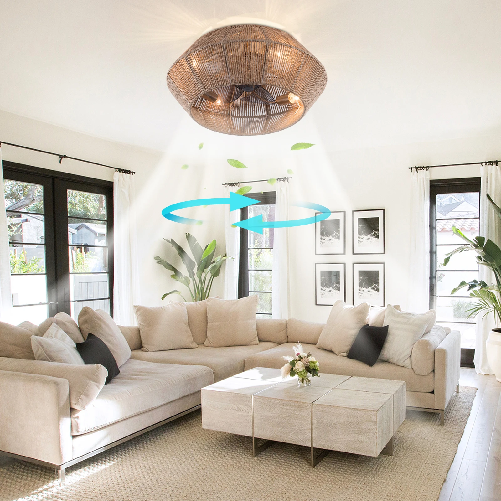 Boho Ceiling Fan, Rattan Caged Flush Mount Ceiling Fan Light and Remote Control,  Low Profile Ceiling Fan for Bedroom, Living Room