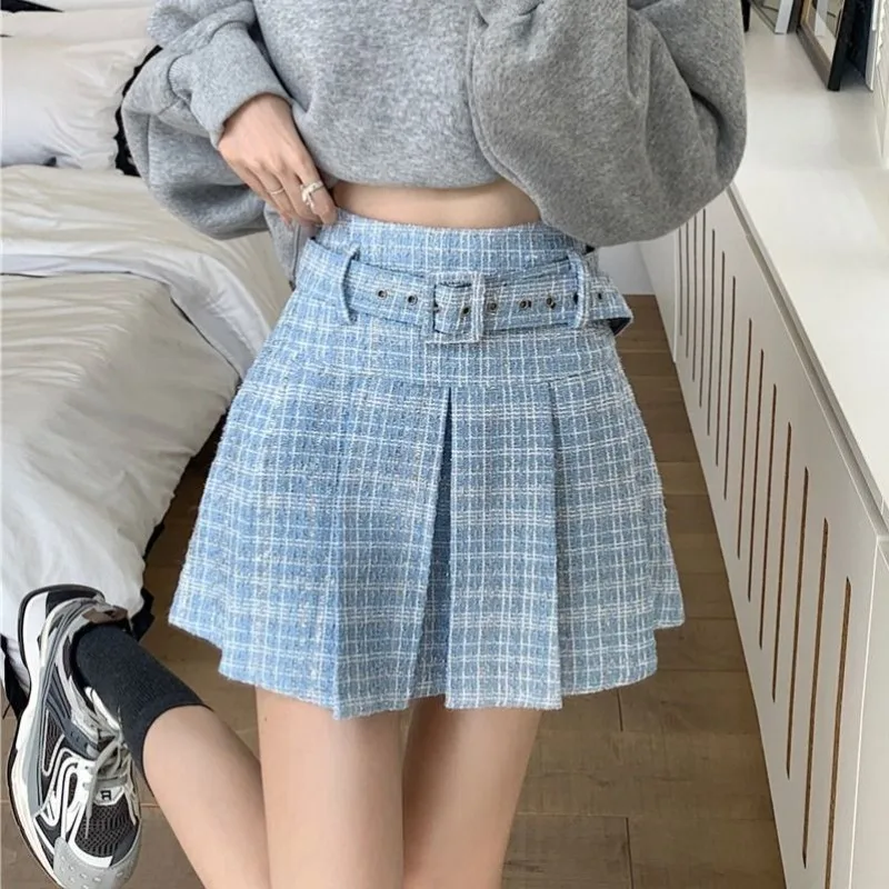 Tweed Pleated Mini Skirt Women 2025 Spring Summer Belt High Waist A-line Y2k Skirts Sweet Fashion Versatile Skort Chic