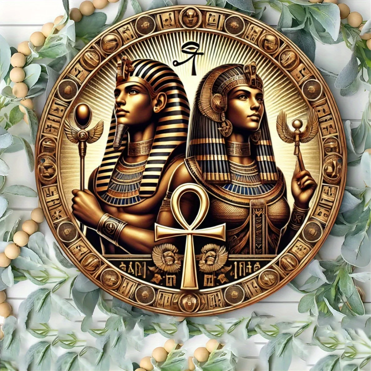 Rundes antikes ägyptisches Pharao und Königin-Metallblechschild – Vintage-Kupferwand mit Hieroglyphen und Anker, Metall-Wanddekoration