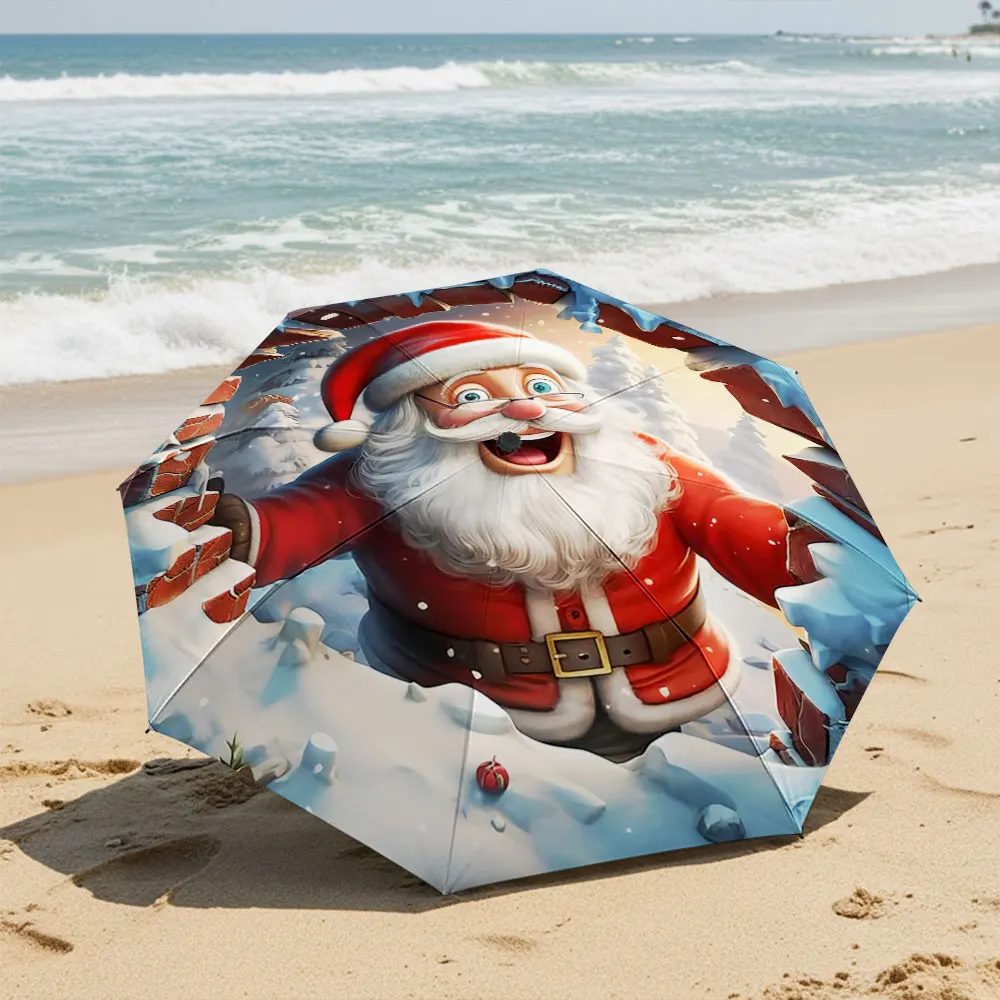 Smiling Santa in Snowy Winter Wonderland Scene Compact Fashion Folding Umbrella for Daily Use, Christmas Gift