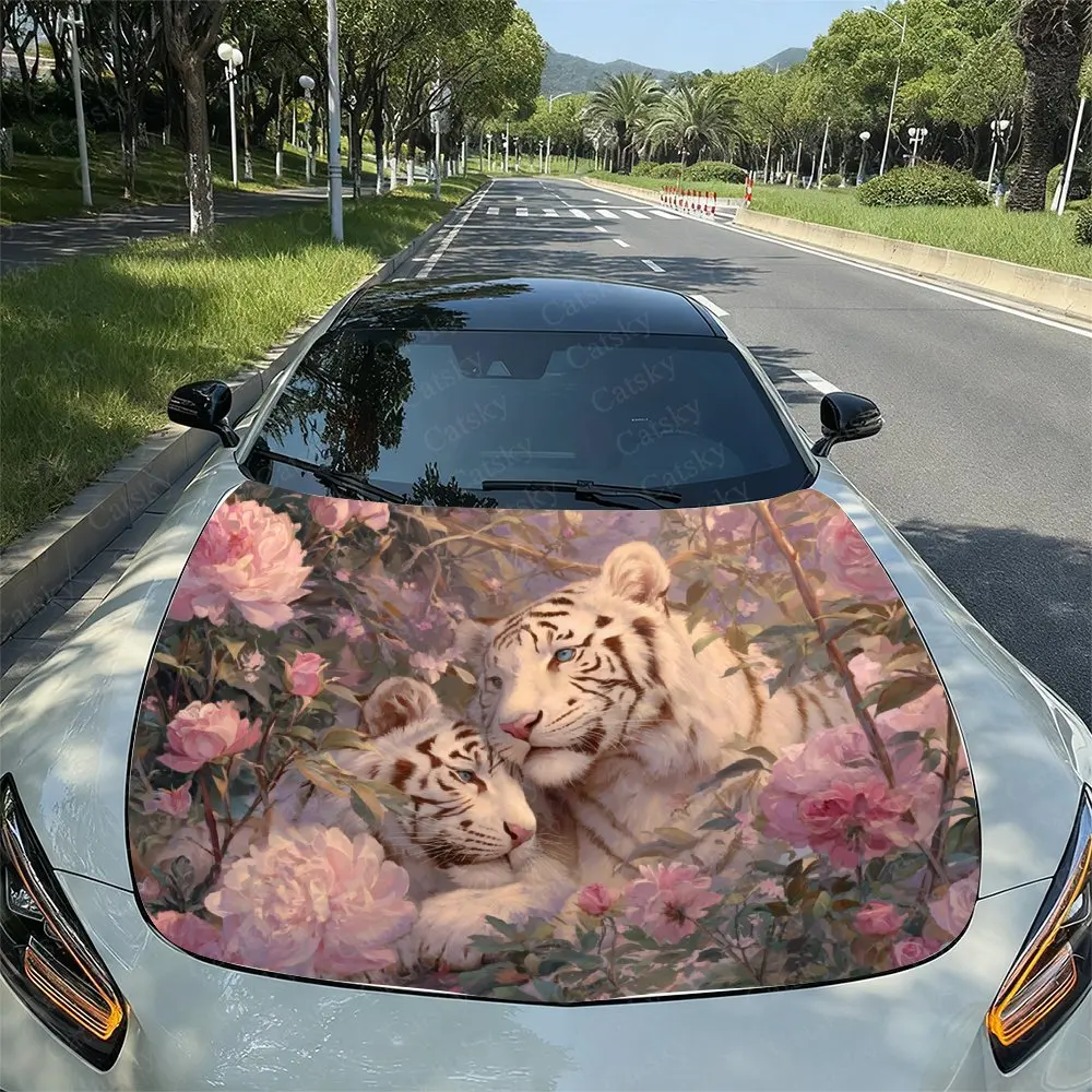 

Pink Rose And White Tiger Pattern Car Hood Sticker, Drum Packaging, Stylish Design, Suitable For Most Vehicles, Hood Protective