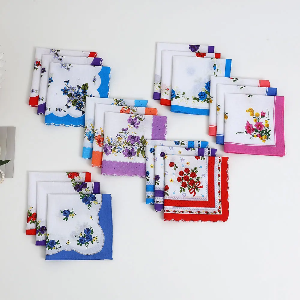 12 Pak saputangan katun murni wanita, sapu tangan katun murni, suvenir pernikahan pengantin dan ibu, handuk keringat untuk segala musim, bentuk bunga acak