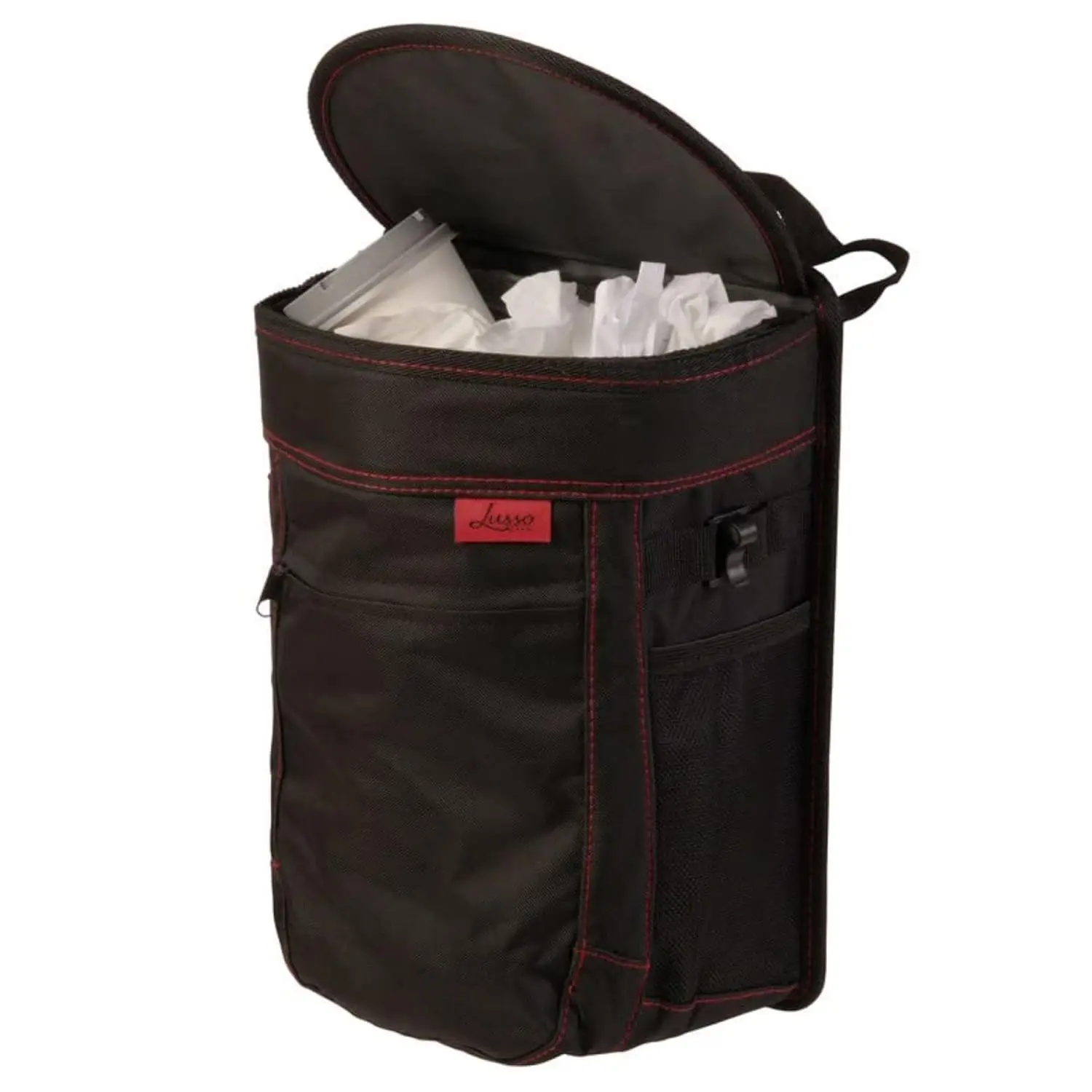 

Spill-Proof Car Trash Can 2.5 Gal - Leak-Proof Lid & Removable Liner - Travel Organizer with Mesh Pockets