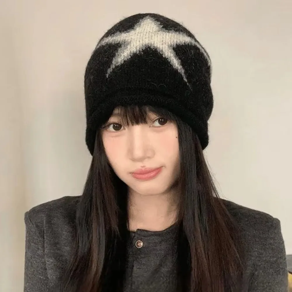 Y2K Style Star Patterned Beanie Cap Elastic Edge Curl Knitted Hat Soft Brimless Ear Protection Pullover Cap