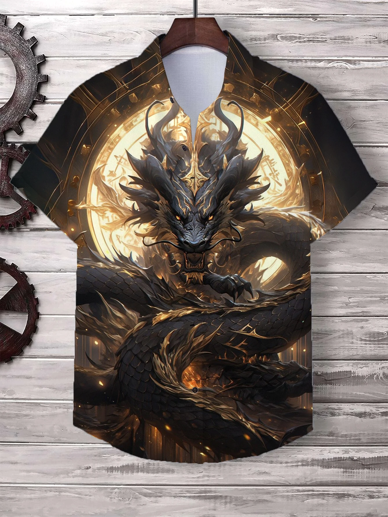 Chinese New Year\'s Shirt for Men Fashion Lapel Neck Short Sleeve Top Cool Dragon Printed Men\'s Shirt Street Hip Hop Clothing