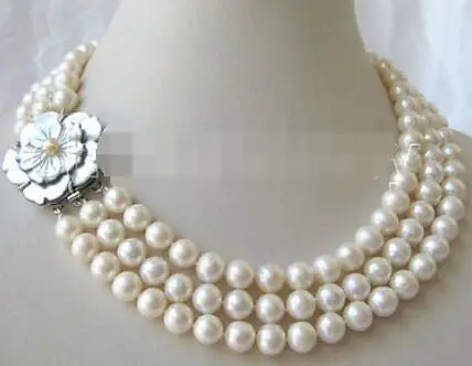 

P3398- AAA 3row 17-19" 9mm natural white & black round freshwater pearl necklace