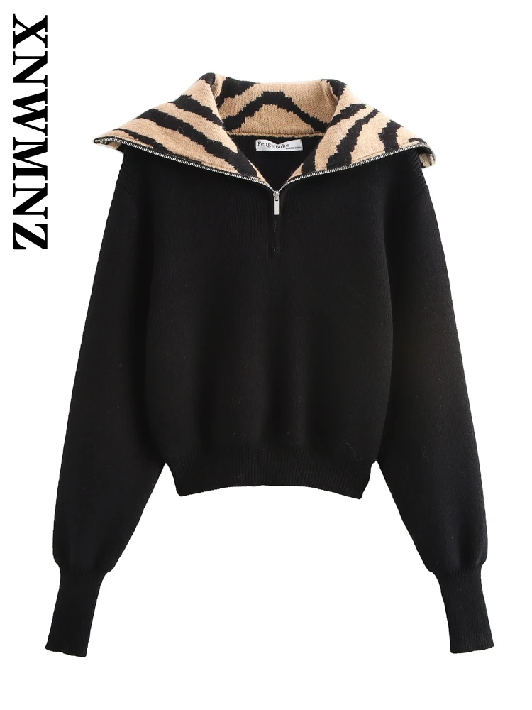 XNWMNZ 2024 Winter New Lady Chic Turn-down Collar Knitted Pullover Sweater Vintage Autumn Female Long Sleeve Jumper Top LEOPARD